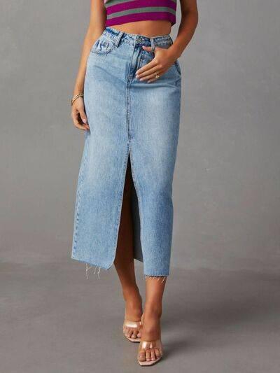 Raw Hem Front Slit Denim Midi Skirt