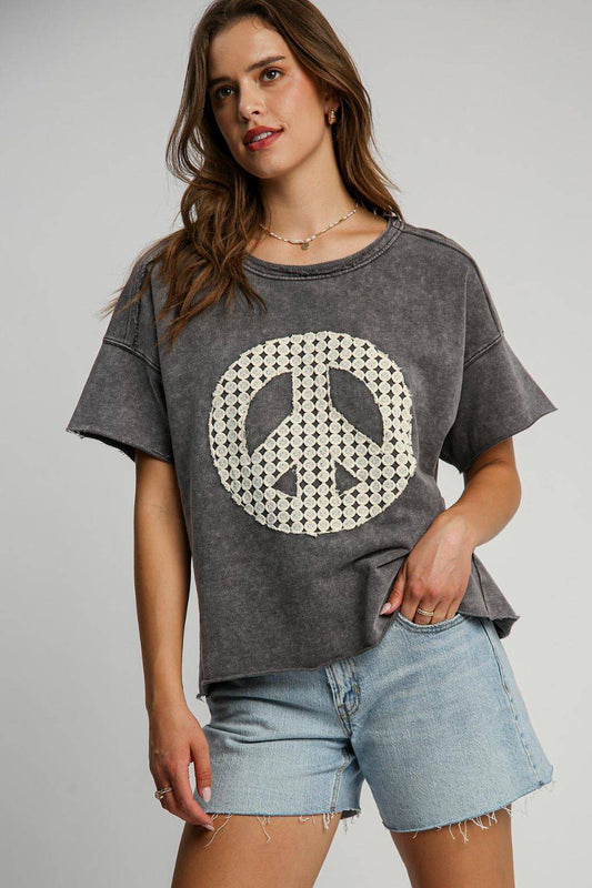 Umgee Full Size Mineral Wash T-Shirt with Lace Applique Plus Size - Clothes For Her Online Store