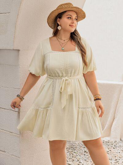 Plus Size Lace Detail Square Neck Puff Sleeve Mini Dress