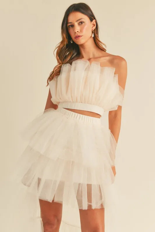 MABLE Tulle Tube Ruffle Crop Top and High Low Maxi Skirt Set - Clothes For Her Online Store