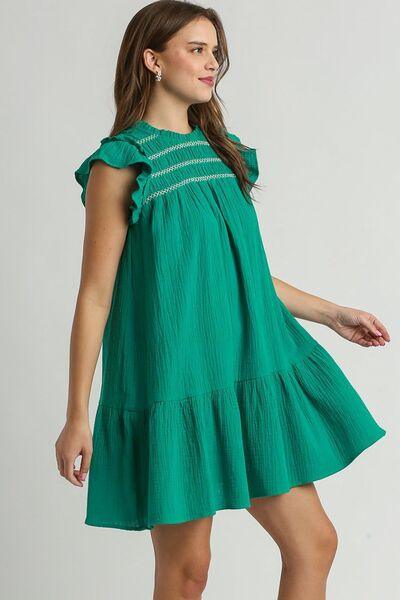 Umgee Full Size Smocked Contrast Stitching Ruffle Cap Sleeve Round Neck Dress Plus Size