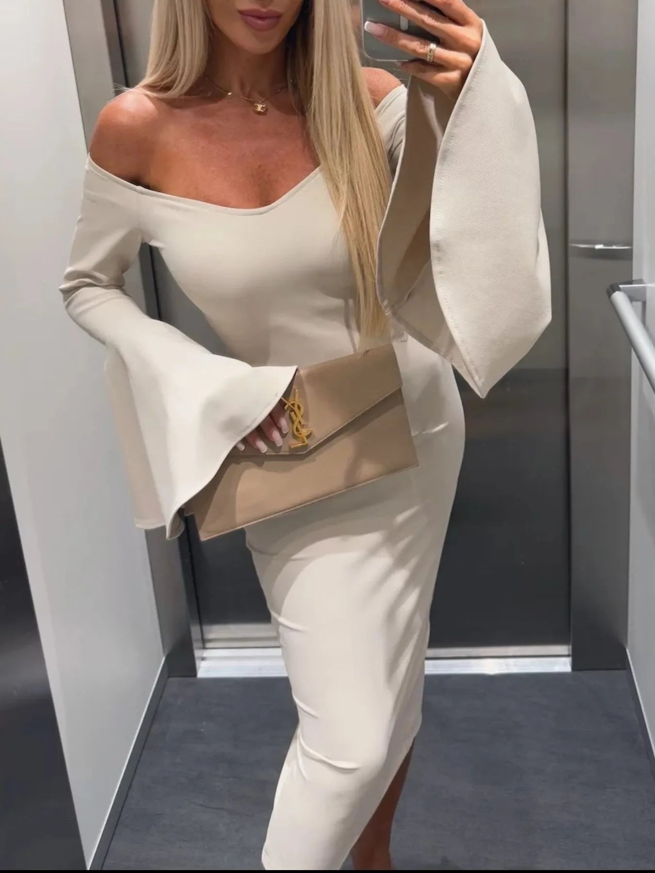 Off Shoulder Bell Sleeve Bodycon Midi Dress