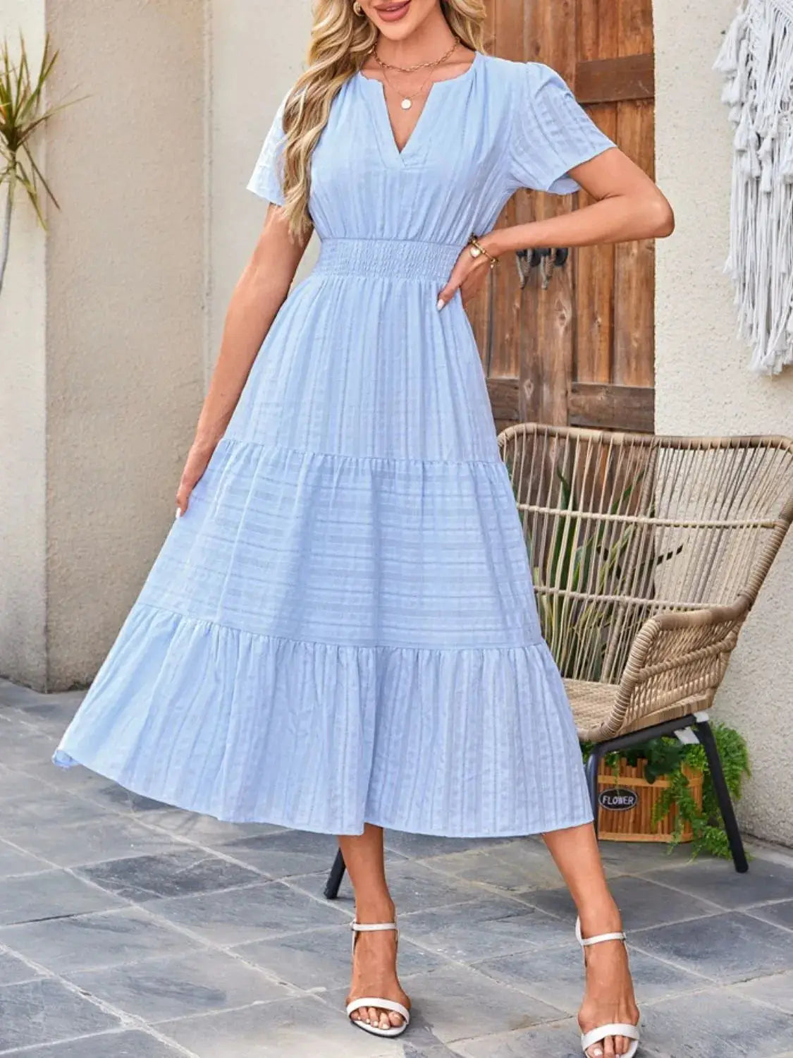 Tiered Notched Short Sleeve Dress - Clothes For Her Online Store