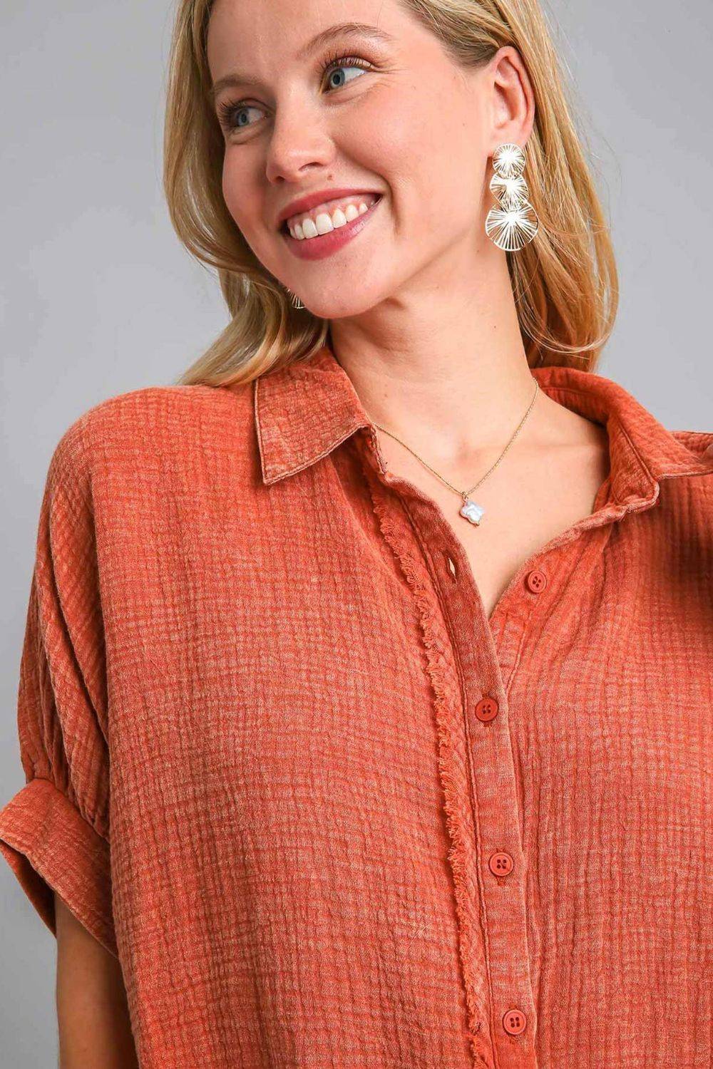 Umgee Full Size Cotton Gauze Mineral Wash Button Down Shirt Plus Size - Clothes For Her Online Store
