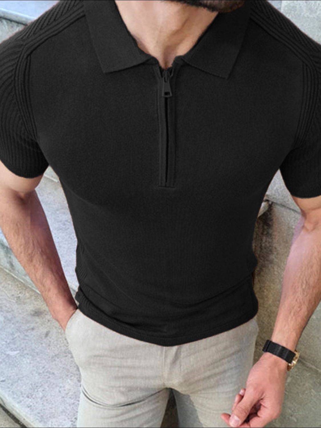 Men's Collared Neck Quarter Zip Knit Polo