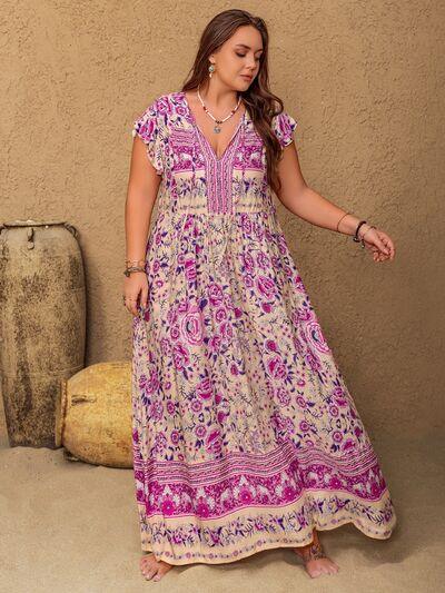 Plus Size Printed V-Neck Cap Sleeve Maxi Dress