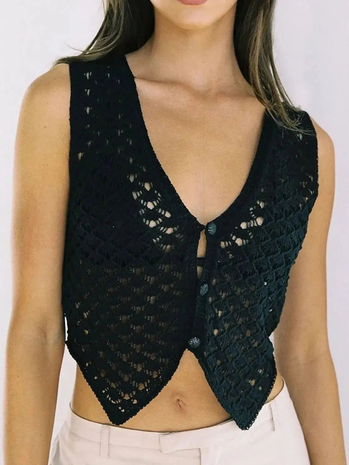 Openwork V-Neck Sweater Vest - Clothes For Her Online Store