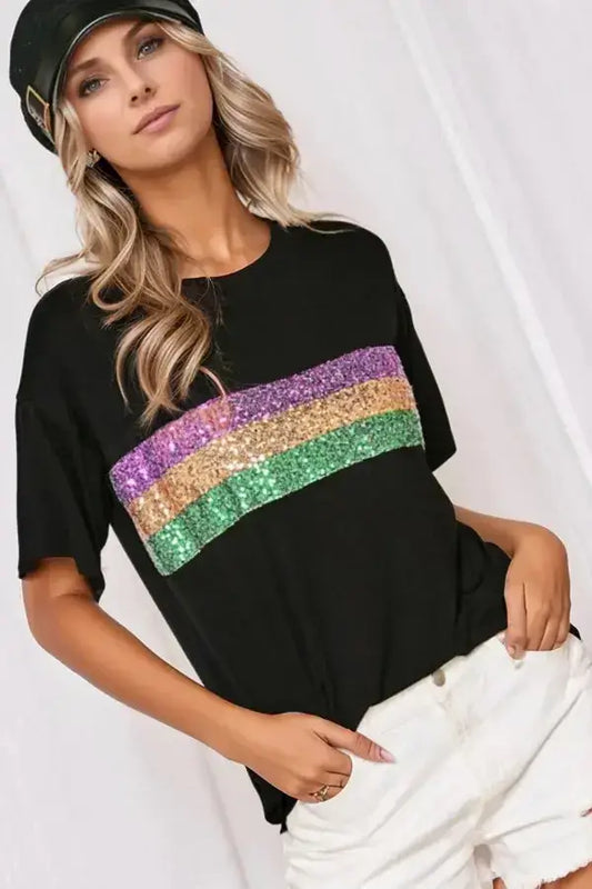 Sequin Stripes Crew Neck T Shirt - Clothes For Her Online Store