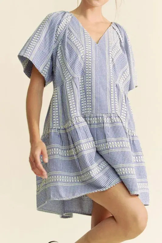 Davi & Dani Embroidered Stripe Ruffled Gingham Mini Dress - Clothes For Her Online Store
