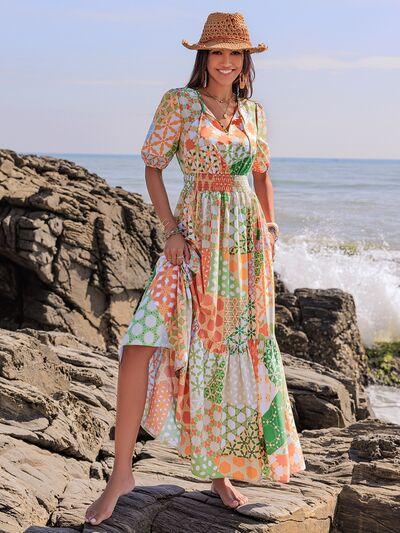 Printed Smocked Waist Short Sleeve Maxi Dress