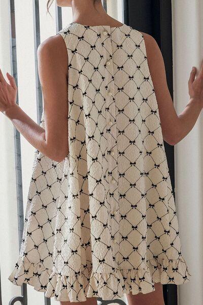 Ruffled Hem Bow Print Sleeveless Mini Dress - Clothes For Her Online Store