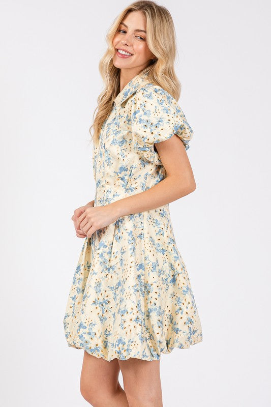 GeeGee Floral Eyelet Zipper Front Puff Sleeve Mini Dress - Clothes For Her Online Store