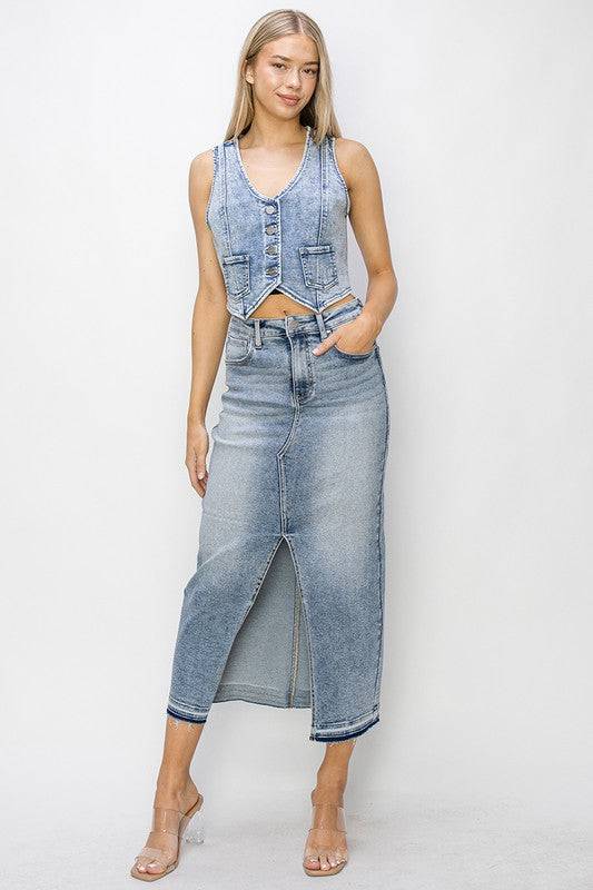 RISEN Button Down Crop Denim Vest - Clothes For Her Online Store