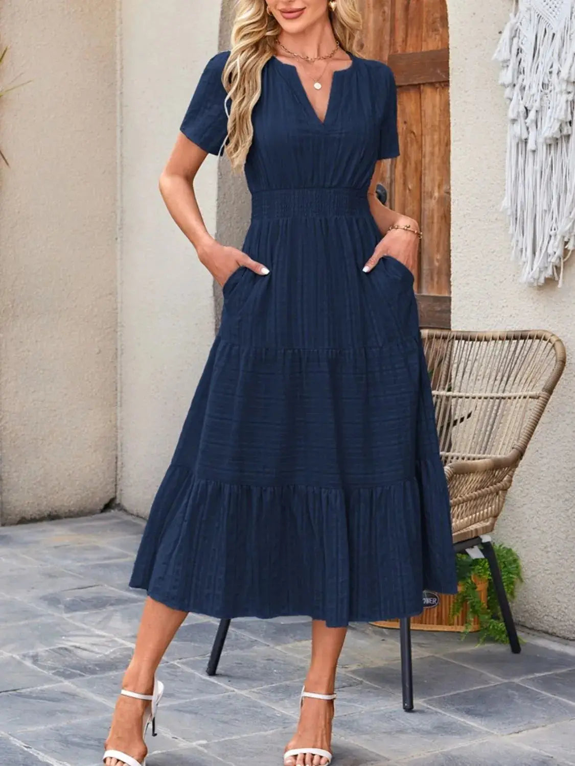 Tiered Notched Short Sleeve Dress - Clothes For Her Online Store