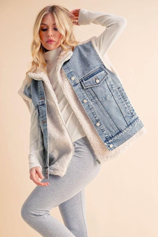 Aemi + Co Fake Two Pieces Denim Patch Sherpa Vest Coat - Clothes For Her Online Store