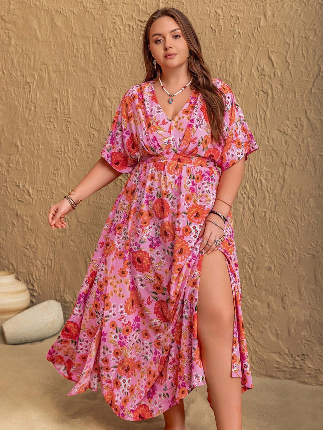 Plus Size Slit Floral V-Neck Half Sleeve Maxi Dress