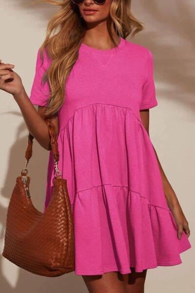 Tiered Round Neck Short Sleeve Mini Dress - Clothes For Her Online Store