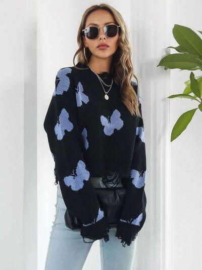 Distressed Butterfly Cropped Sweater