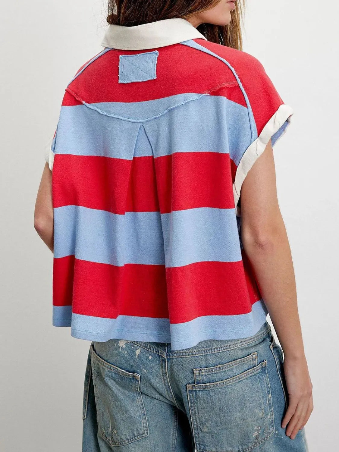 Striped Collared Neck Short Sleeve Top