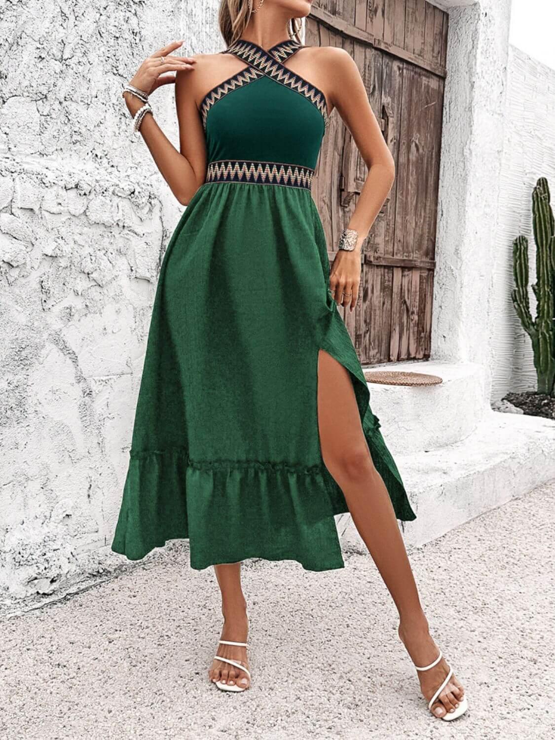 Devine Ruffled Slit Sleeveless Midi Dress