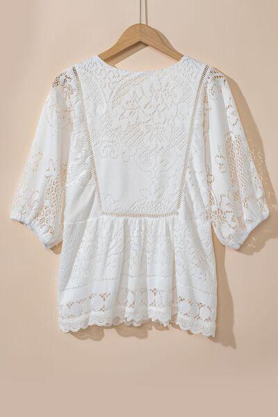 Lace Crochet Hollowed Scallop Hem V Neck Blouse