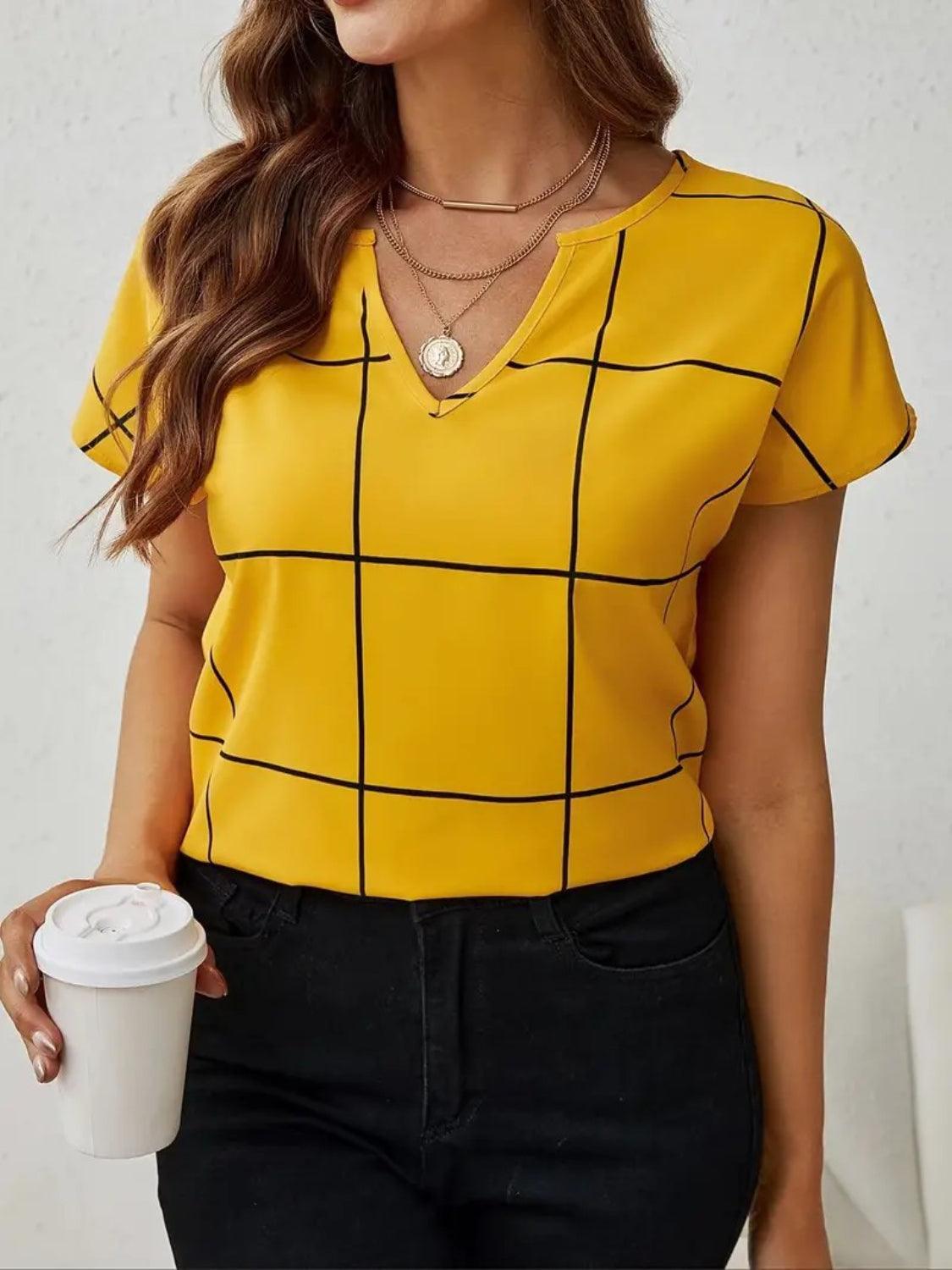 Plaid Contrast Notched Blouse