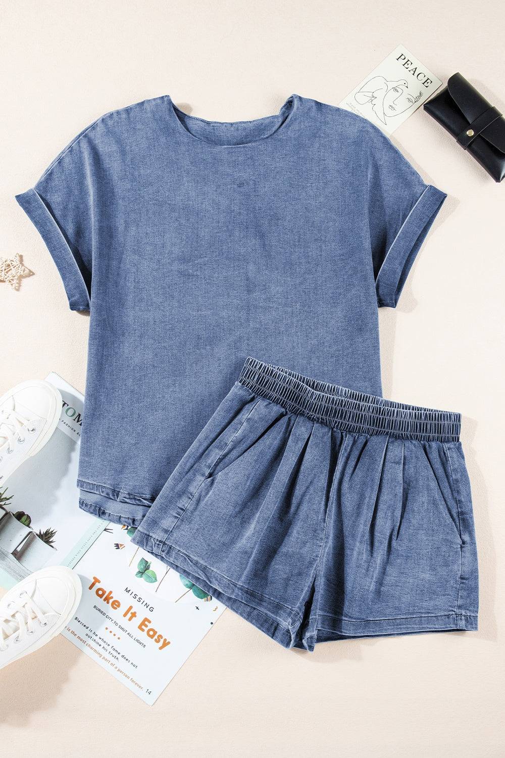 Round Neck Short Sleeve Top and Shorts Denim Set - Clothes For Her Online Store
