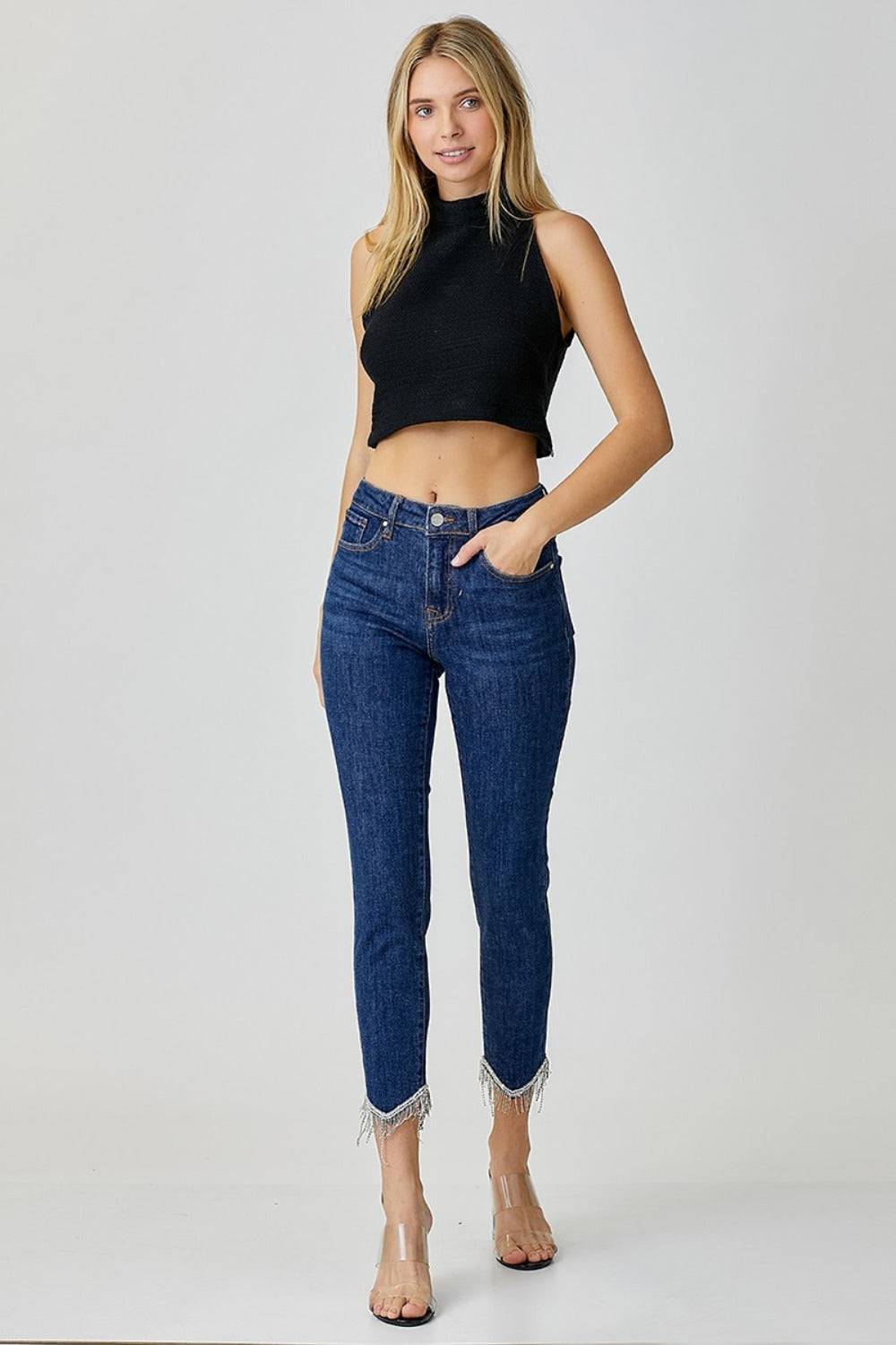 RISEN Full Size Embellished Mid Rise Crop Skinny Jeans - Clothes For Her Online Store