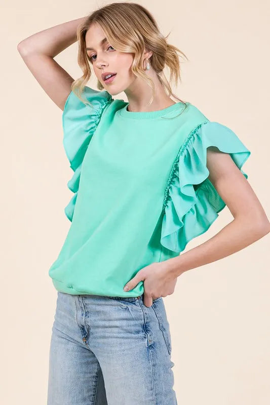 Lime 'N' Chili Solid Shoulder Ruffle Detail Round Neck Top