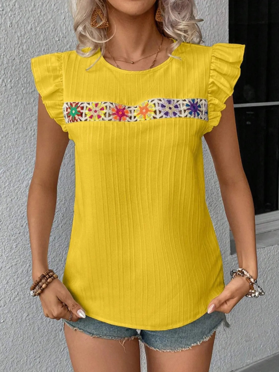 Ruffled Round Neck Cap Sleeve Blouse