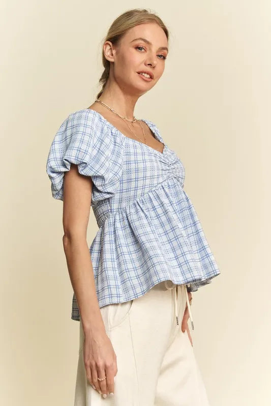 Davi & Dani Plaid Puff Sleeves Ruffled Smocked Blouse