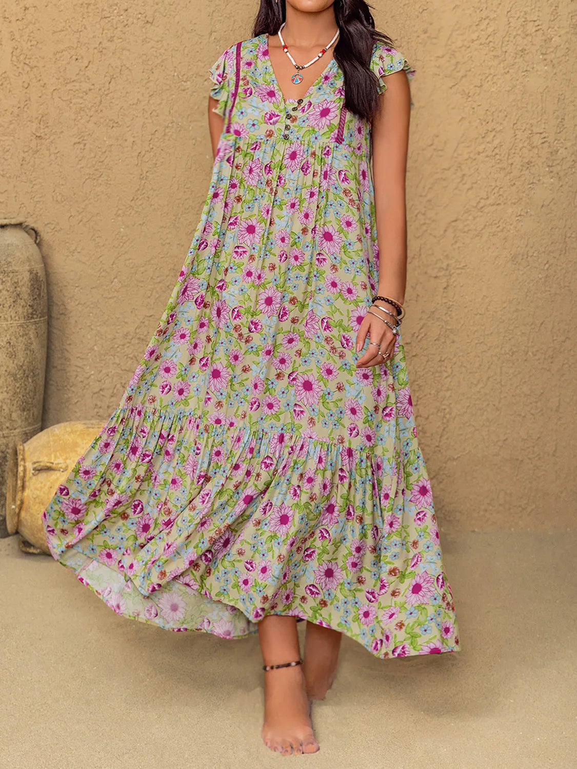 Plus Size Ruffled Printed V-Neck Midi Dress