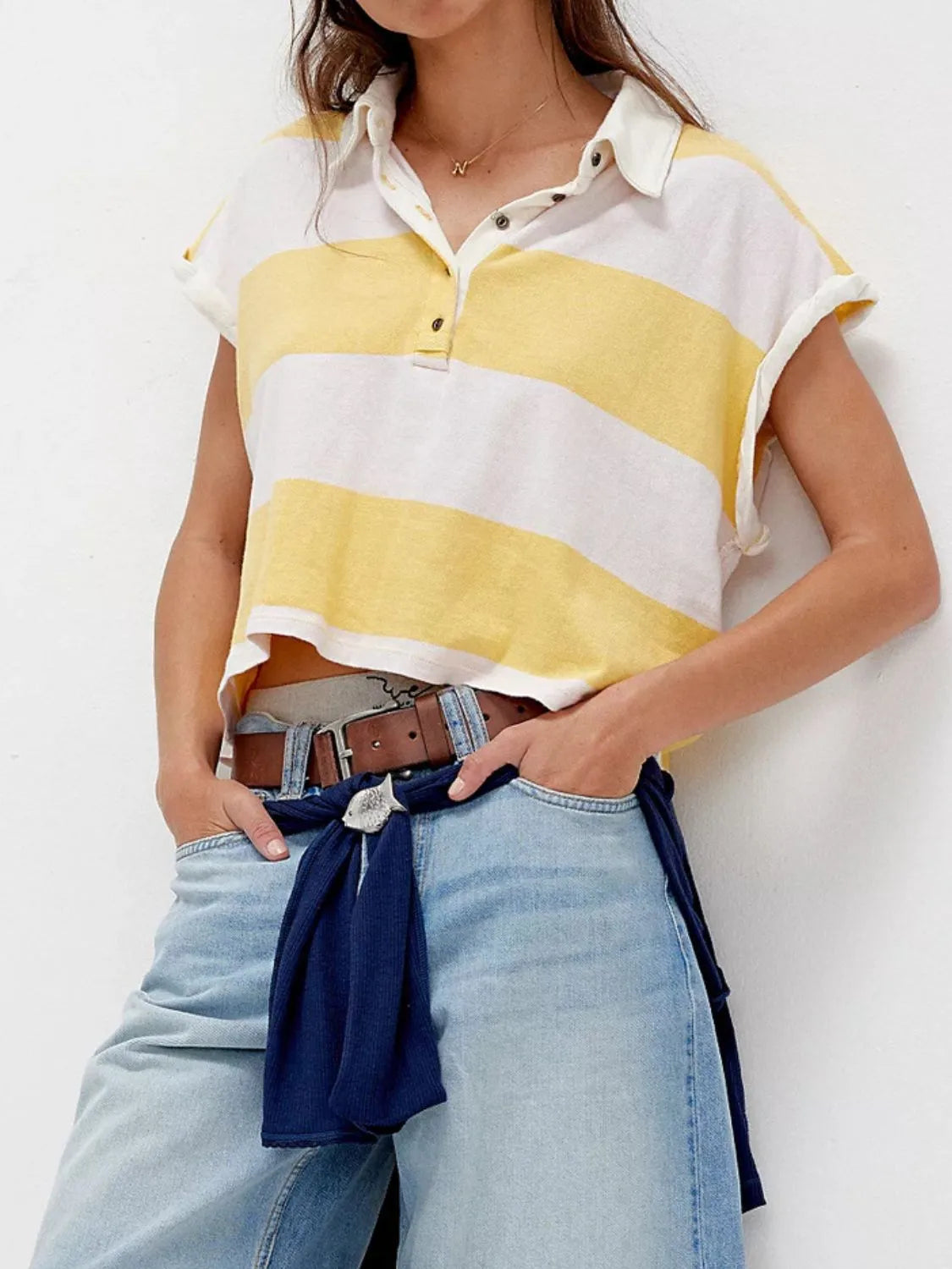 Striped Collared Neck Short Sleeve Top