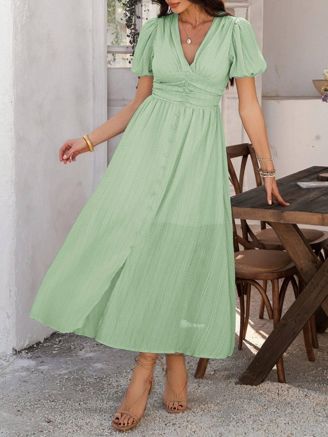 Devine V-Neck Puff Short Sleeve Midi Dress