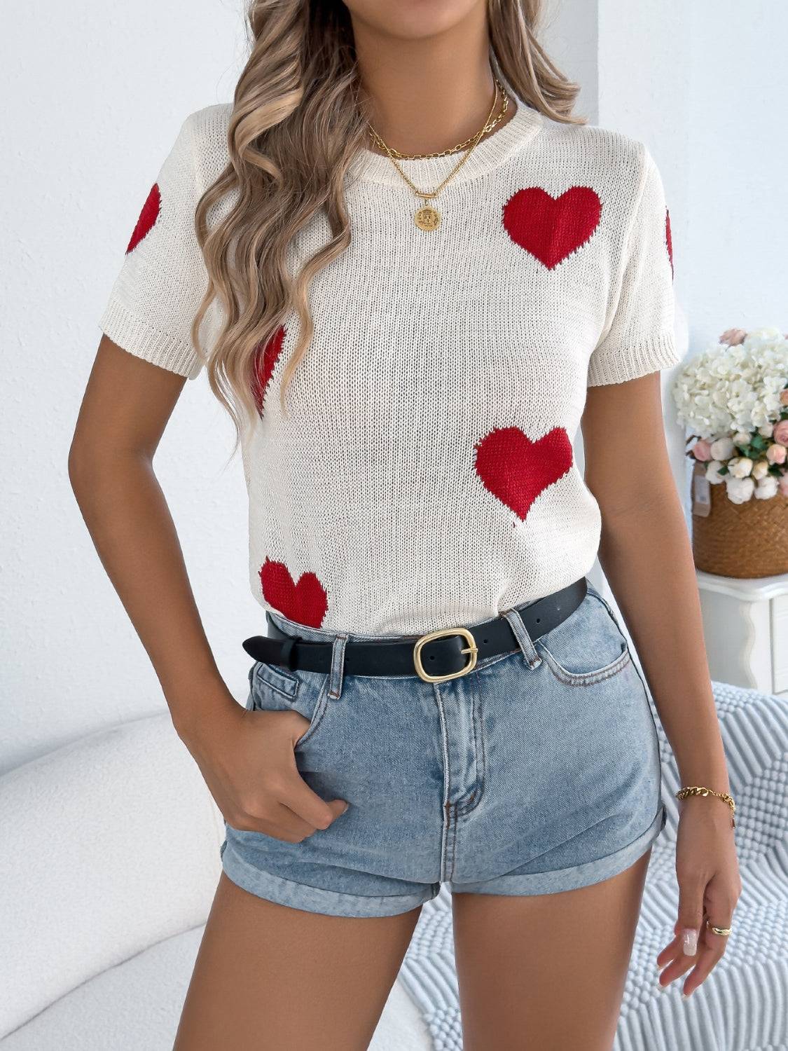 Heart Round Neck Short Sleeve Knit Top - Clothes For Her Online Store