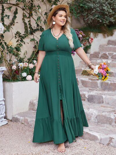 Plus Size Button Detail V-Neck Short Sleeve Maxi Dress - Clothes For Her Online Store
