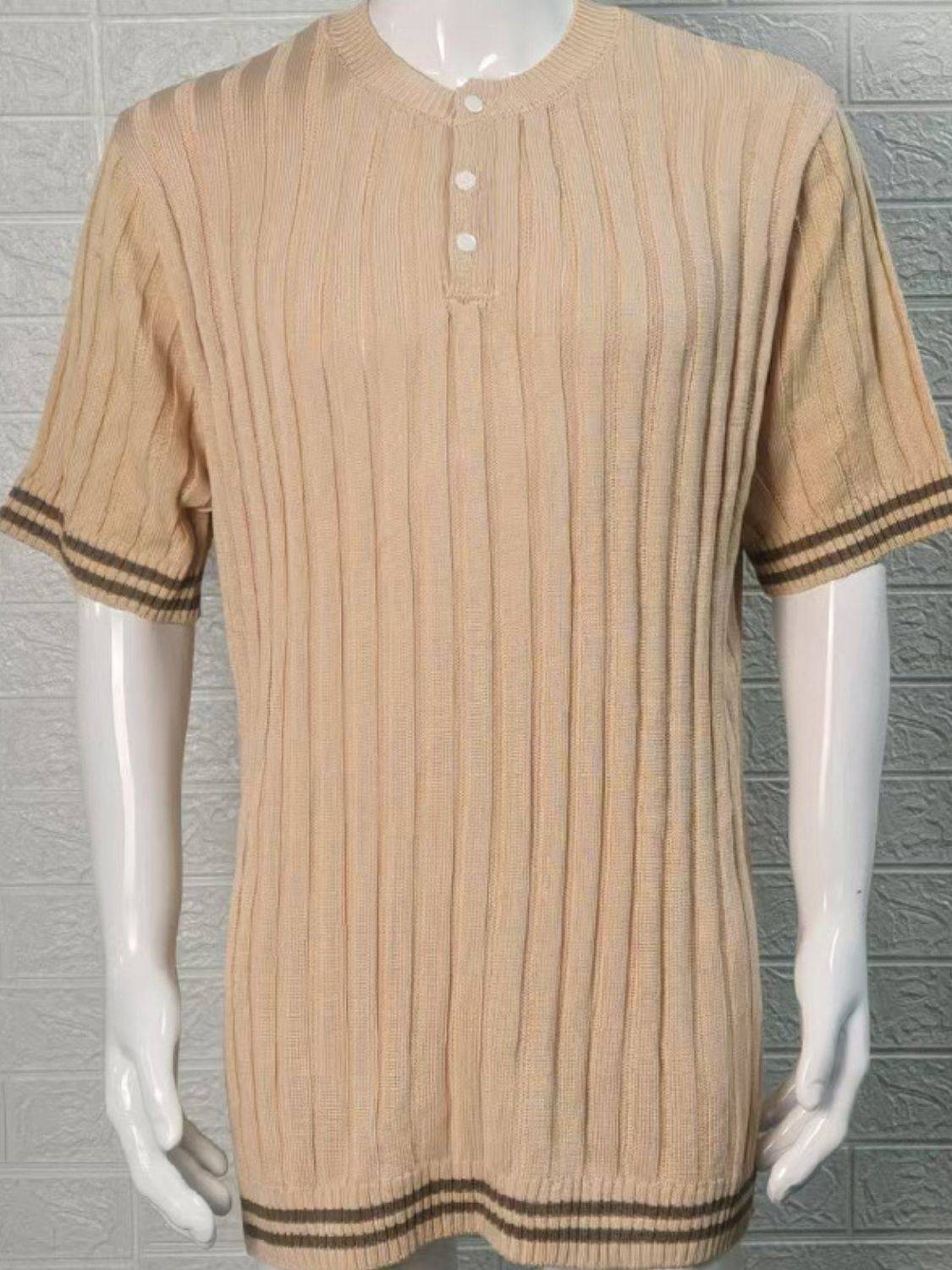 Men's Plus Size Ribbed Quarter Button Round Neck Striped Trim Polo