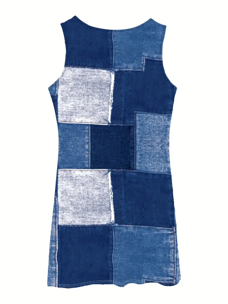 Patchwork Scoop Neck Denim Tank Dress