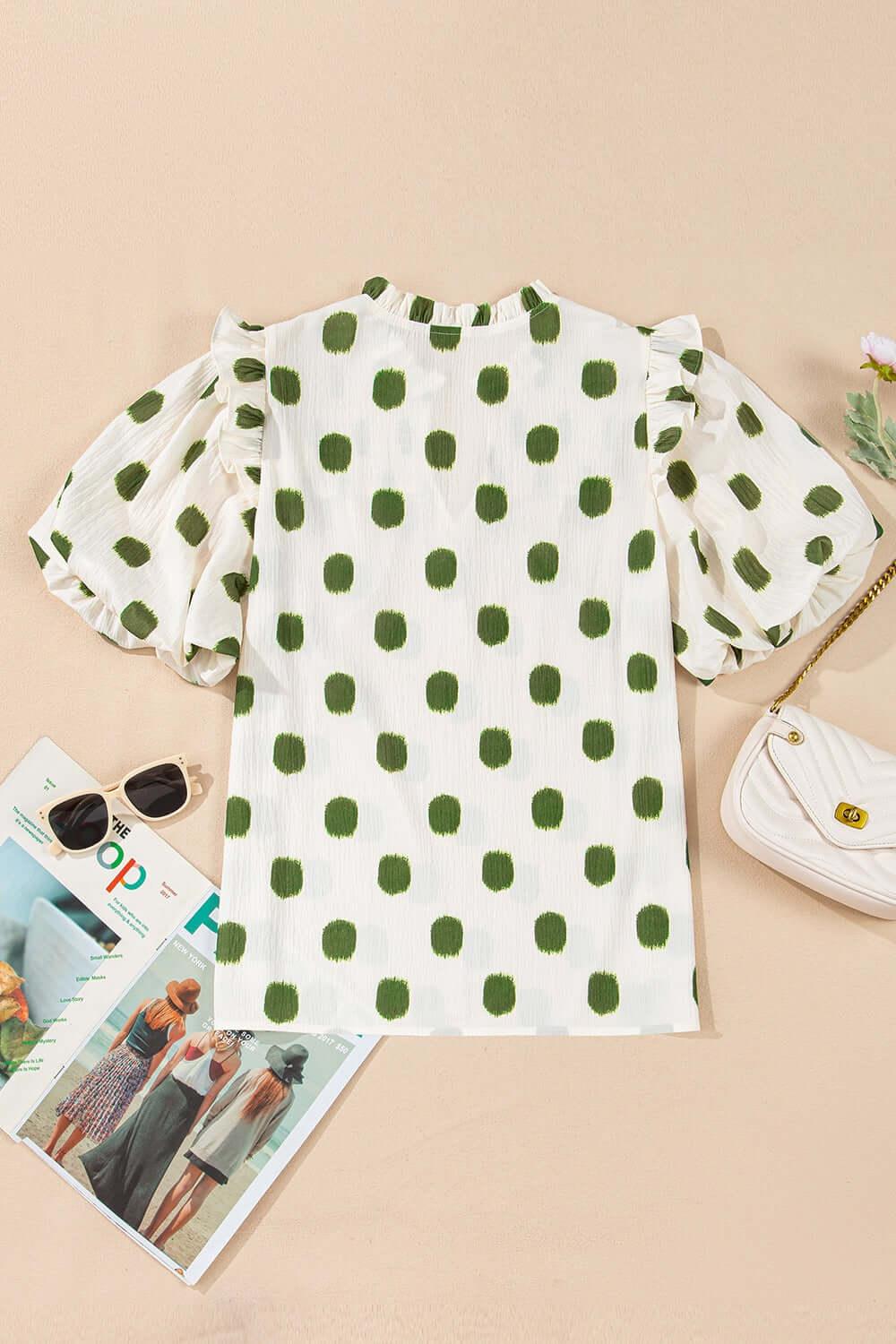 Polka Dot Shirred Yoke Notched Neck Puff Sleeve Blouse