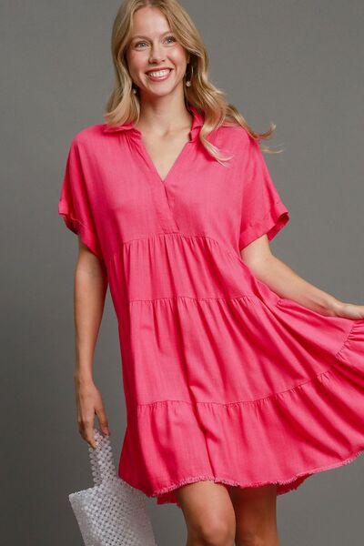 Umgee Full Size Raw Hem Folded Sleeve Tiered Dress Plus Size