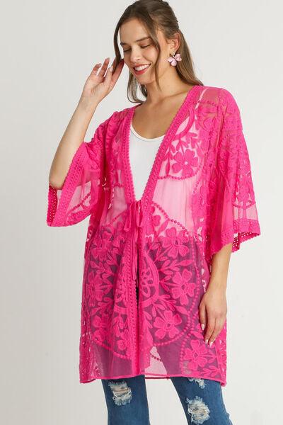 Umgee Full Size Floral Lace Open Front Kimono Sleevee Cover Up with Waist Tie Plus Size