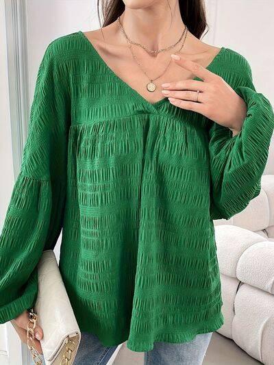 Plus Size Texture V-Neck Long Sleeve Top