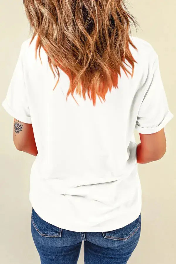 Sequined Flag Round Neck Short Sleeve T Shirt - Clothes For Her Online Store