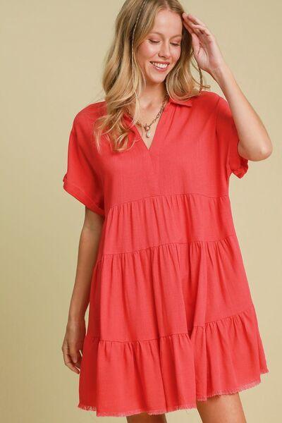 Umgee Full Size Raw Hem Folded Sleeve Tiered Dress Plus Size