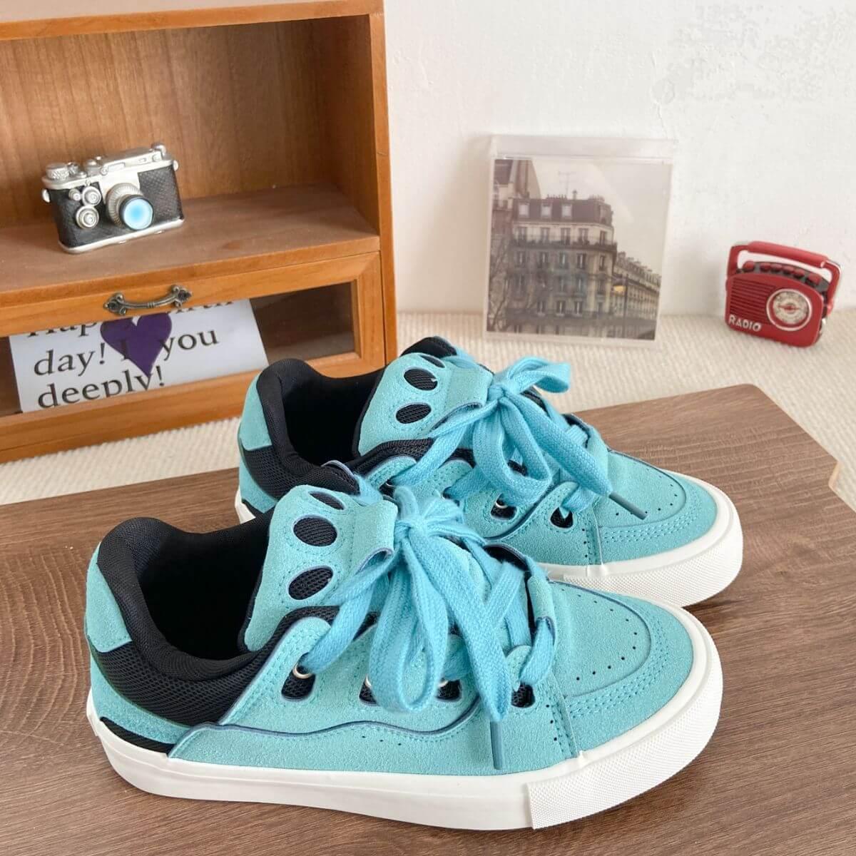 Contrast Lace Up Round Toe Flats Sneakers - Clothes For Her Online Store