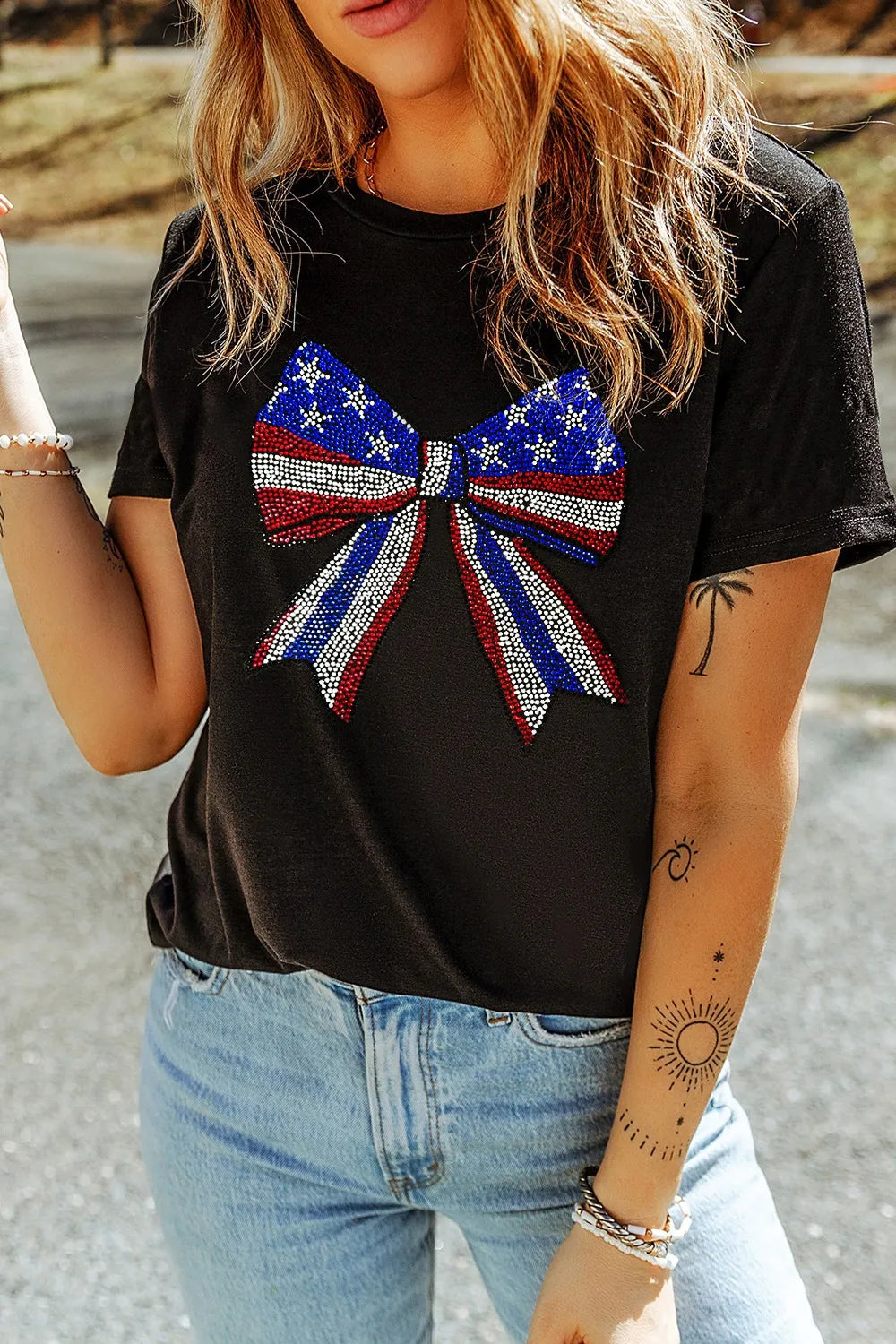 Bow Rhinestone Round Neck T-Shirt