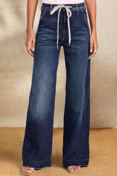 Contrast Drawstring Wide Leg Jeans