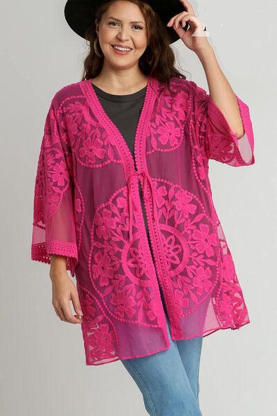 Umgee Full Size Floral Lace Open Front Kimono Sleevee Cover Up with Waist Tie Plus Size