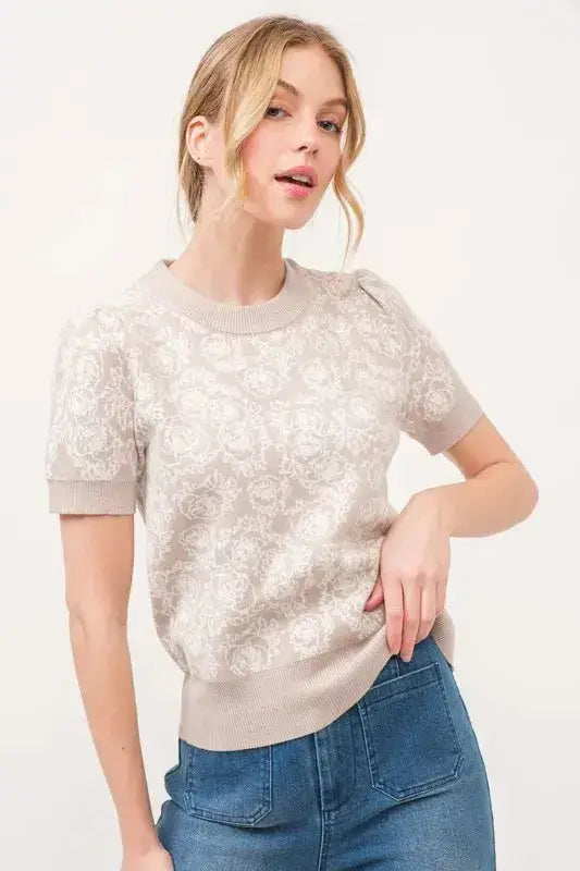 And The Why Short Sleeve Rose Pattern Knit Top - Clothes For Her Online Store