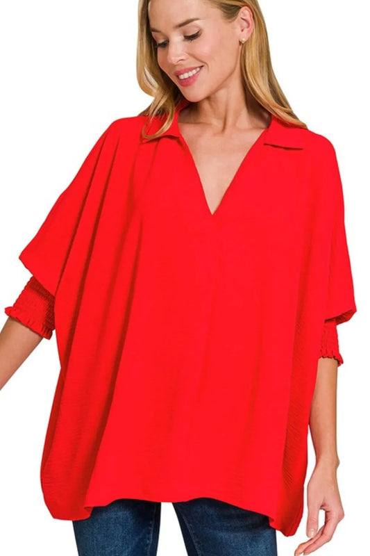 Zenana Airflow Collar Tee with Smocked Sleeve Band Top